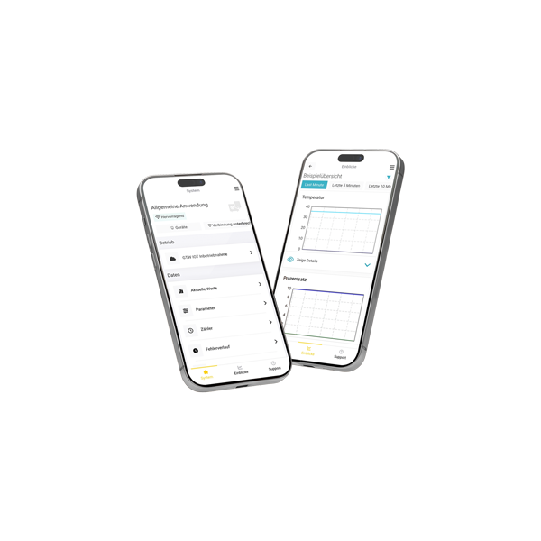 Remeha PRO App auf zwei schräg zueinanderstehenden Smartphones abgebildet