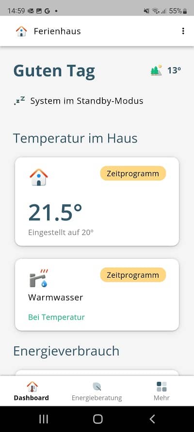 Screenshot Startseite Ferienmodus Remeha Home App
