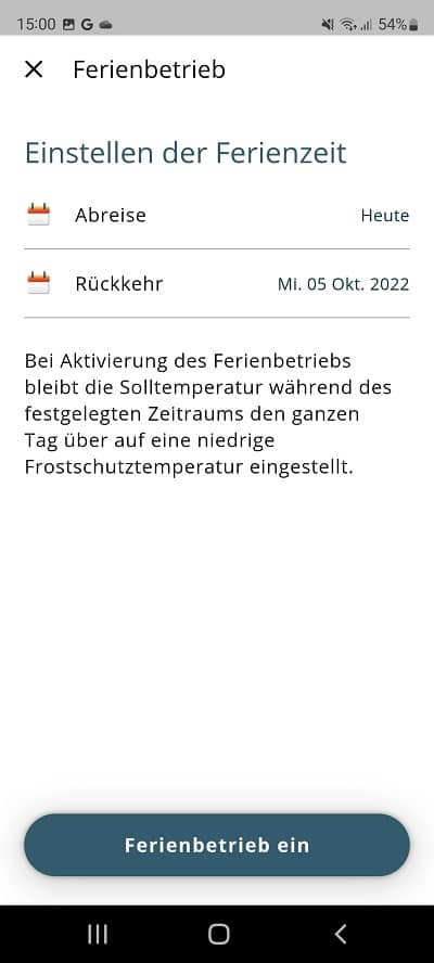 Screenshot Ferienbetrieb Remeha Home App