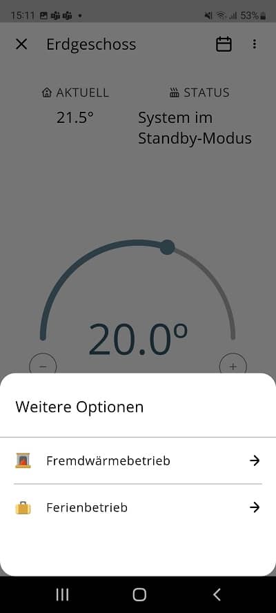 Screenshot weitere Optionen Remeha Home App