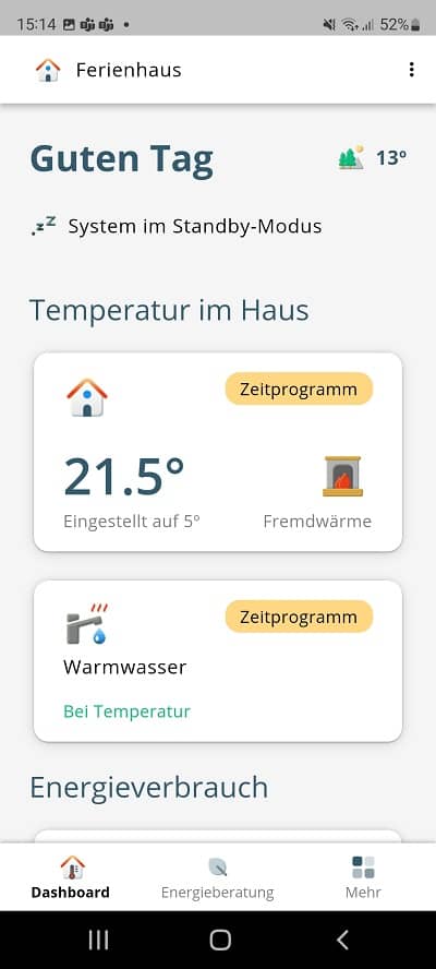 Screenshot Ferienhaus Dashboard Remeha Home App