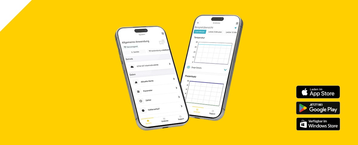 Zwei Smartphones stehen schräg zueinander und zeigen die Remeha PRO App auf gelbem Hintergrund