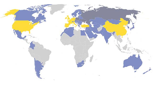 Weltkarte mit eingefärbten Vertriebsregionen der BDR Thermea Gruppe