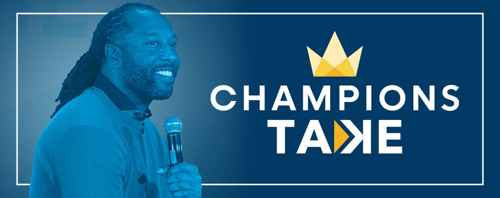 "Champions Take" hero banner with Larry Fitzgerald