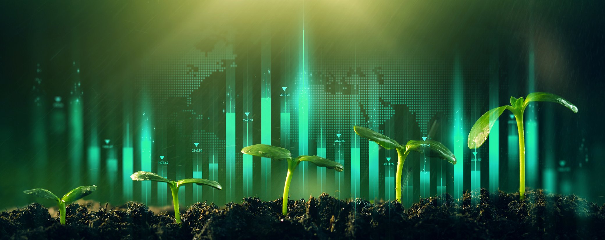 Young green seedlings in soil are illuminated by sunlight, with a world map and glowing financial graphs in the background.