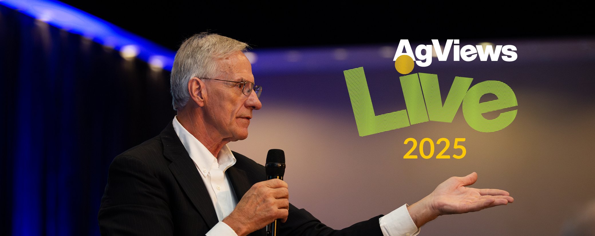 Dr. David Kohl holding a microphone while presenting with text "AgViews Live 2025" 