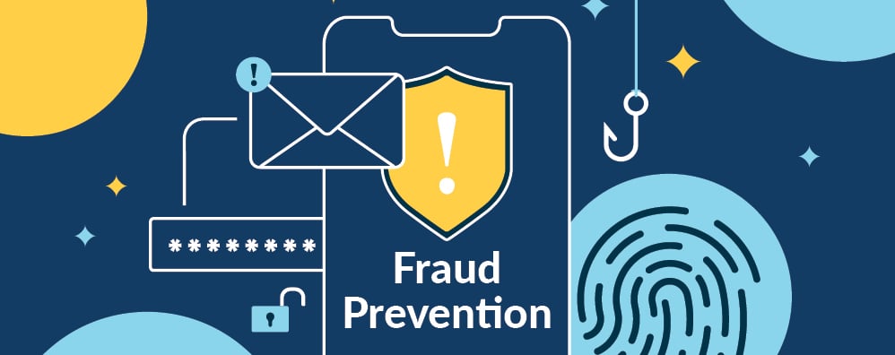 Illustration of a smartphone with a shield icon and the words "Fraud Prevention," surrounded by icons of a lock, fingerprint, email alert, and phishing hook.