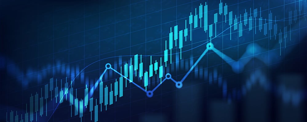 Blue-toned financial chart with rising candlestick patterns and a line graph indicating upward market trends.