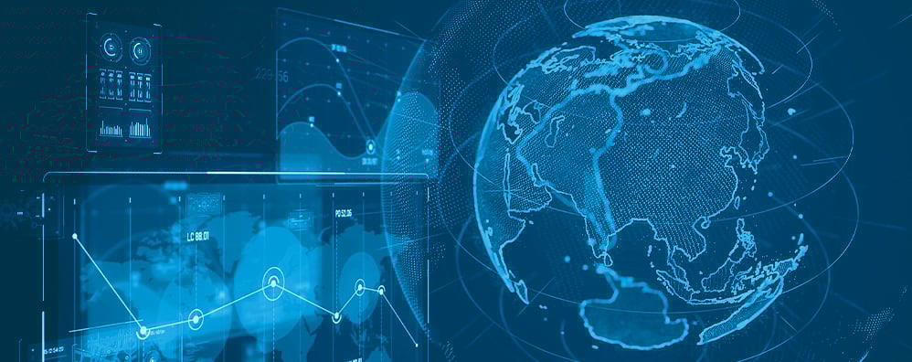 Digital image depicting a stylized blue globe with data charts and graphs in the background.