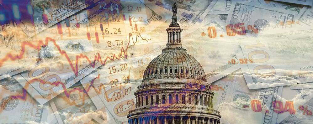 An image of a government dome building overlaid with images of currency, stock charts and numbers.