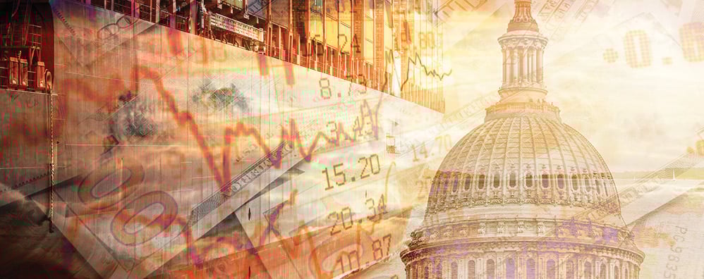Collage depicting the U.S. Capitol dome, stock market graphs, and faded currency notes.