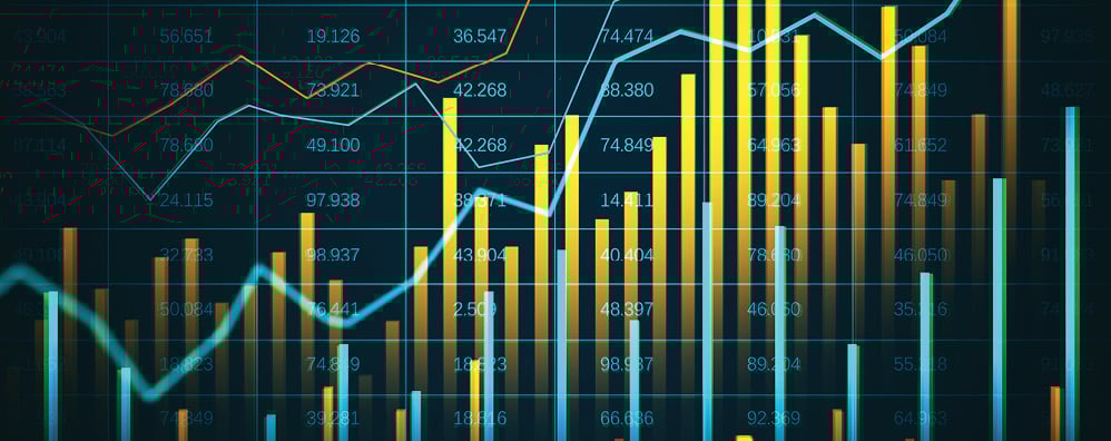 Bar and line graph against a dark grid background. Yellow bars of varying heights represent data growth, intersected by orange and blue lines.
