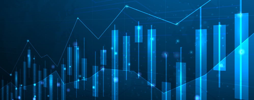 Abstract financial data illustration featuring glowing blue bar and line graphs on a dark background.