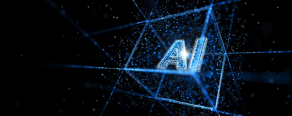 AI text with blue and black metaverse background
