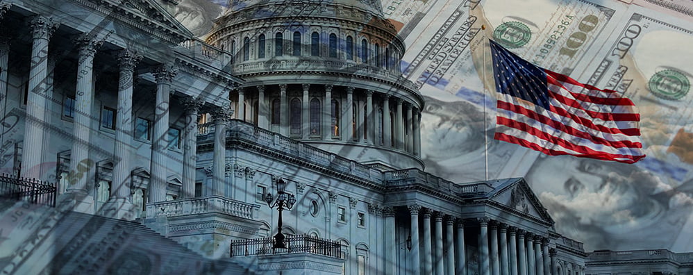 Image of the capital with money and the American flag in the background