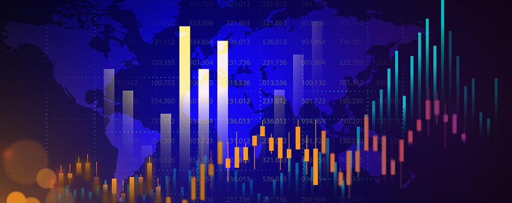 Map of the world with bar chart overlaid on top