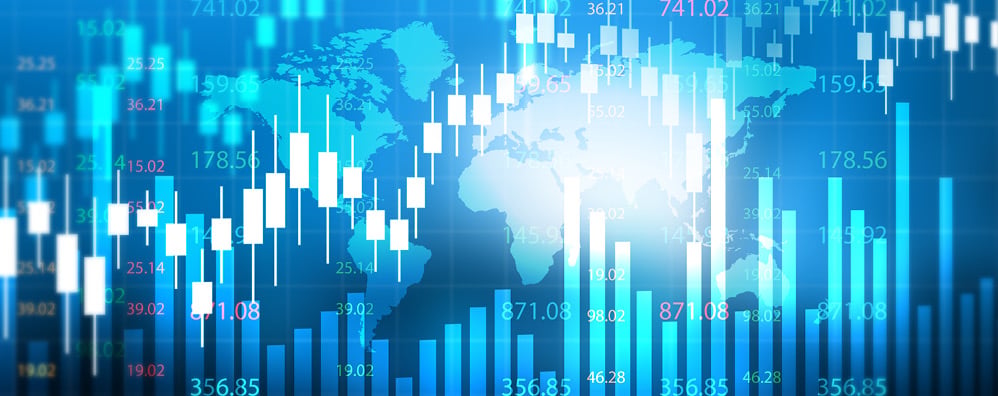 Digital chart with blue and white bar graphs set against a global map backdrop.