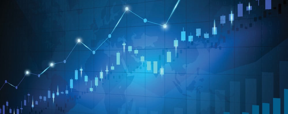 Digital chart with blue and white bar graphs set against a global map backdrop.