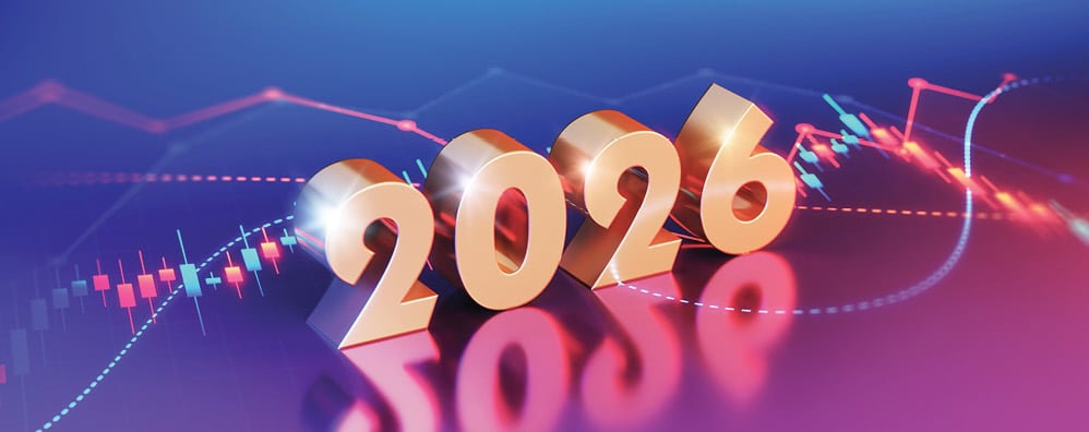 Golden numbers "2026" stand on a reflective surface with a background of ascending financial graphs.