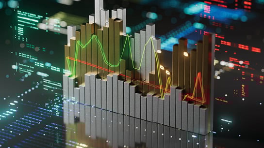 3D bar graph with gold and silver bars, overlaid with green and red line graphs on a digital screen background, conveying financial analysis.