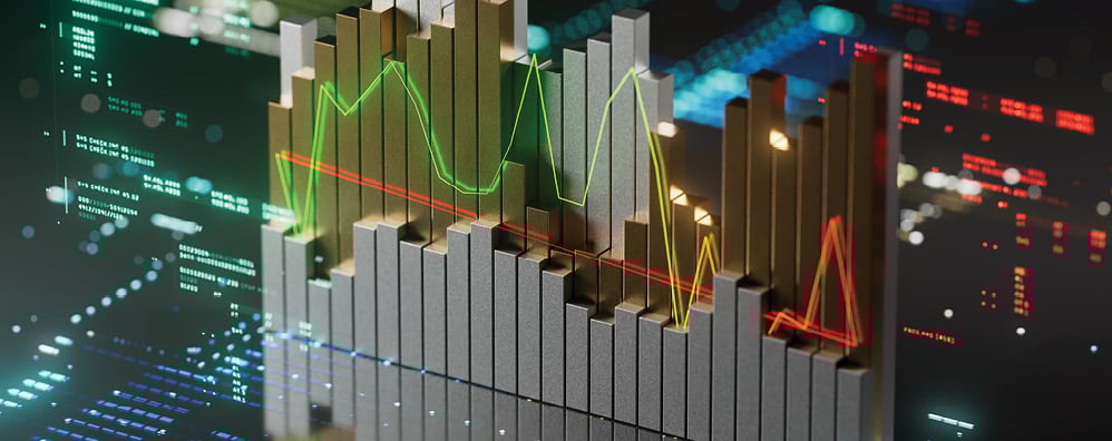 3D bar graph with gold and silver bars, overlaid with green and red line graphs on a digital screen background, conveying financial analysis.