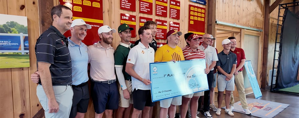 Iowa State University Men's Golf Team holding large check