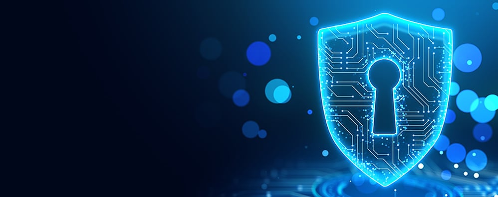 A glowing blue shield with a circuit pattern and keyhole at the center, set against a dark background with scattered blue light orbs.