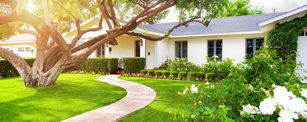 A scenic lawn with an inviting pathway to a beautiful white home