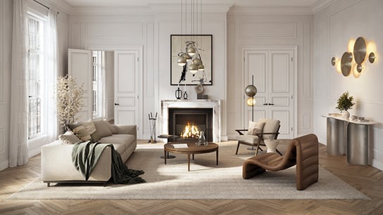 Modern living room with neutral tones. Features a cozy sofa, unique chairs, and a lit fireplace. Elegant lighting and decor create a warm, inviting ambiance.