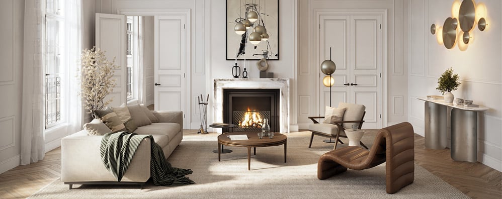 Modern living room with neutral tones. Features a cozy sofa, unique chairs, and a lit fireplace. Elegant lighting and decor create a warm, inviting ambiance.