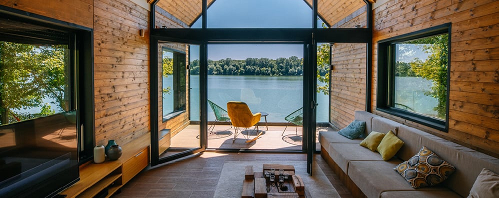 Interior view of a home overlooking a body of water