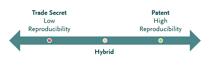 Horizontal arrow-shaped chart representing a decision spectrum from low reproducability (trade secret) to high reproducability (patent)