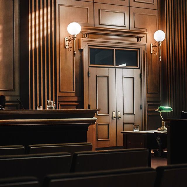 Empty American Style Courtroom. Supreme Court of Law and Justice Trial Stand