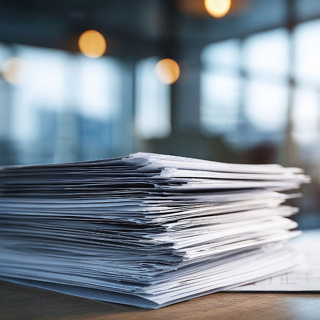 High stack of papers on a desk in a sunlit office