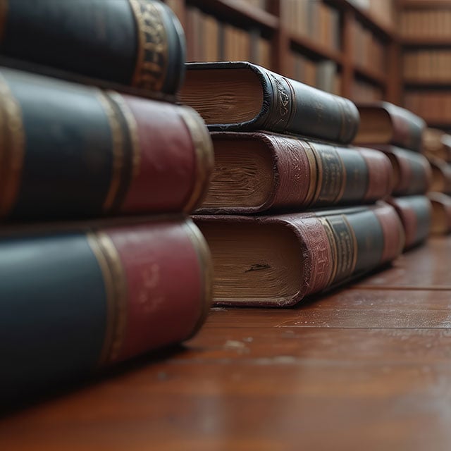 Old law books stack on polished wooden table, foreground. Vintage legal texts fill many bookshelves in background.