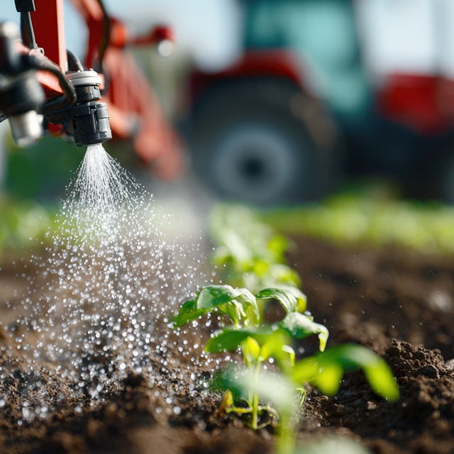 Sprinkler system watering young plants in agricultural field with tractor in background
