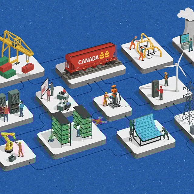 Illustration of various industrial and energy sectors, including shipping, rail, robotics, solar panels, wind turbines, and servers, interconnected by black lines on a blue background.