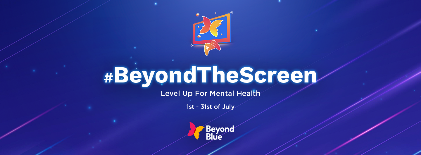 #BeyondTheScreen banner with butterfly and game controller logo, promoting mental health awareness in July.