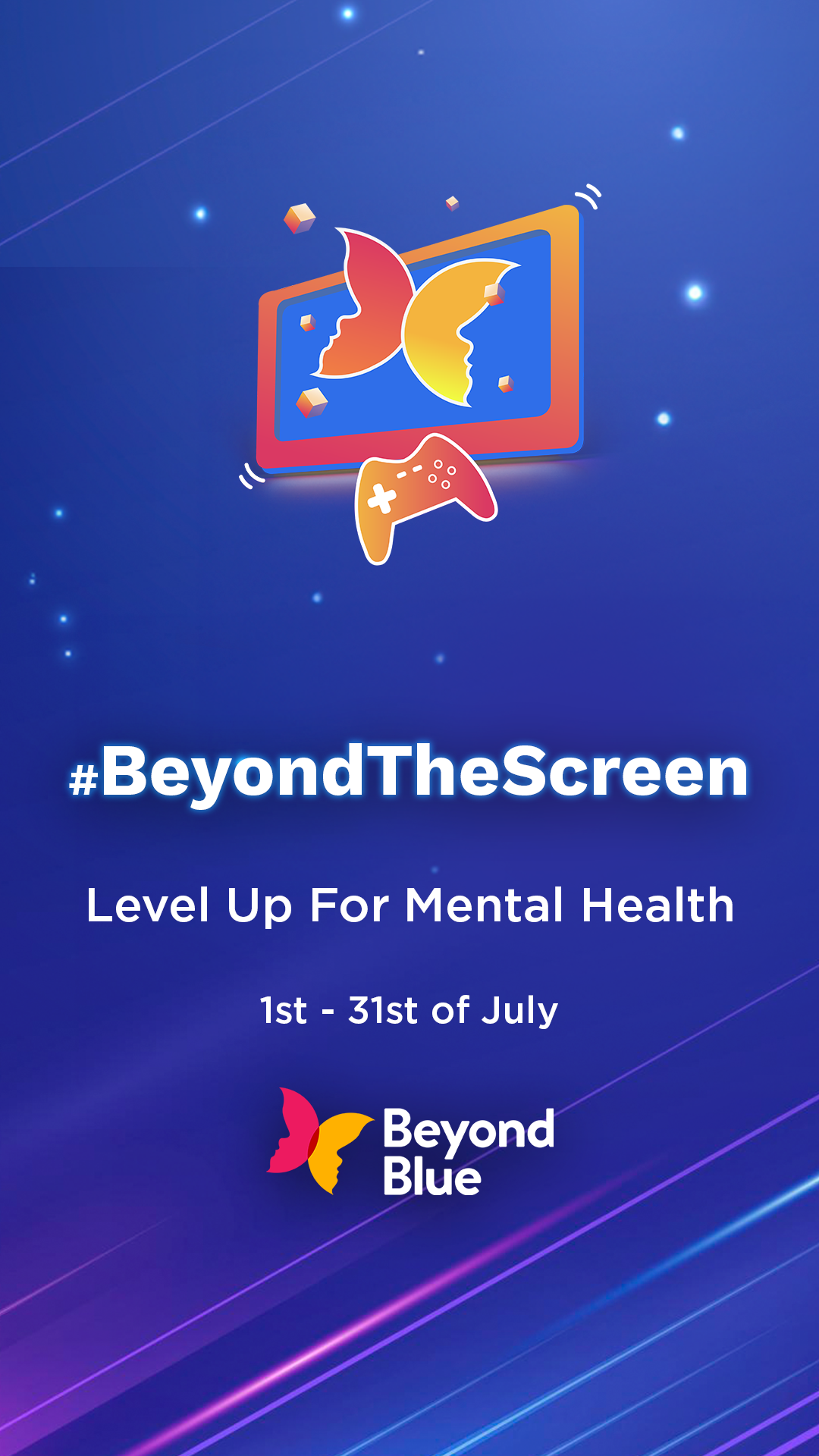 #BeyondTheScreen banner with butterfly and game controller logo, promoting mental health awareness in July.