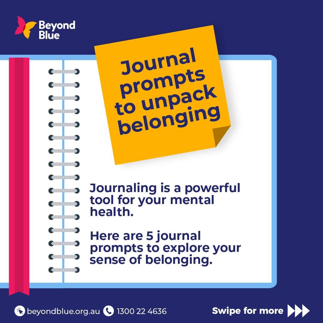 An illustration of a journal. Journal prompts to unpack belonging. Journaling is a powerful too for your mental health. Here are 5 journal prompts to explore your sense of belonging.