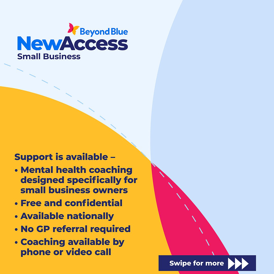 NewAccess for Small Business Owners asset. My business has received support but I haven't.  Free and confidential mental health support for small business owners.