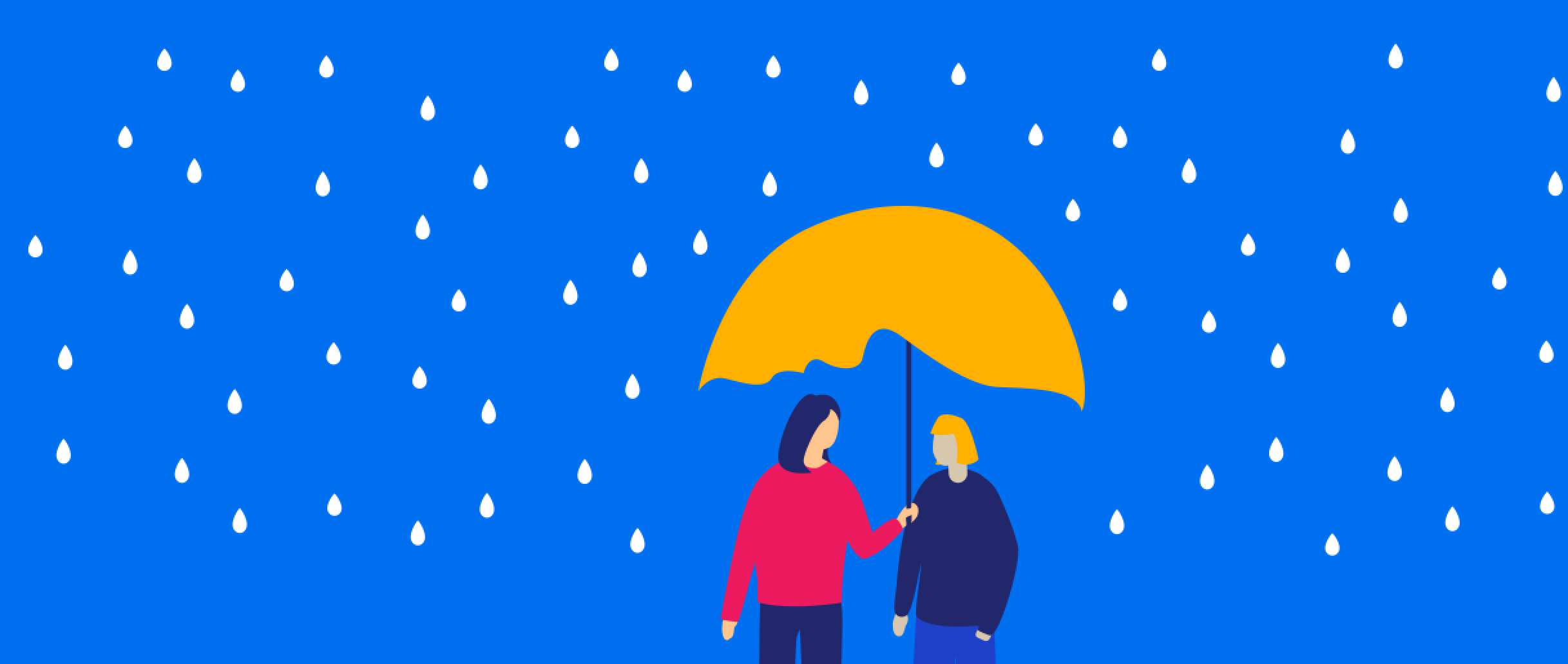 Illustration of woman holding an umbrella for herself and a friend in the rain