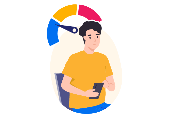 An illustration of a person with short black hair, wearing a yellow shirt and blue pants, holding a smartphone, with a burnout gauge above showing the needle in the blue zone.