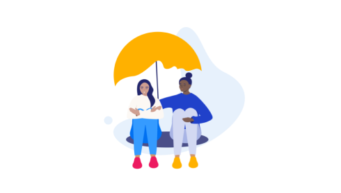 Illustration of two friends under an umbrella