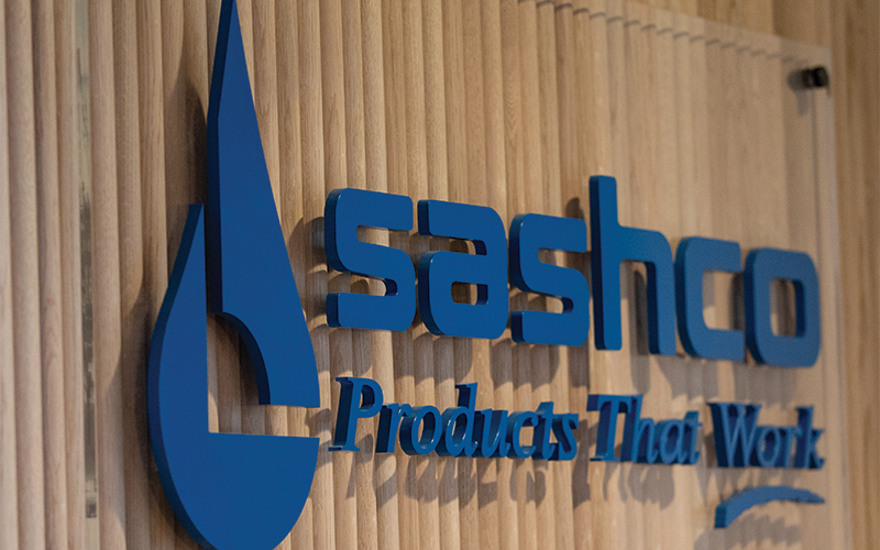 Sashco company logo on their wall in corporate offices in Thornton, Colo.