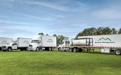 Summit Refrigerant fleet of semi-trucks outside of their corporate offices in Dallas, TX.
