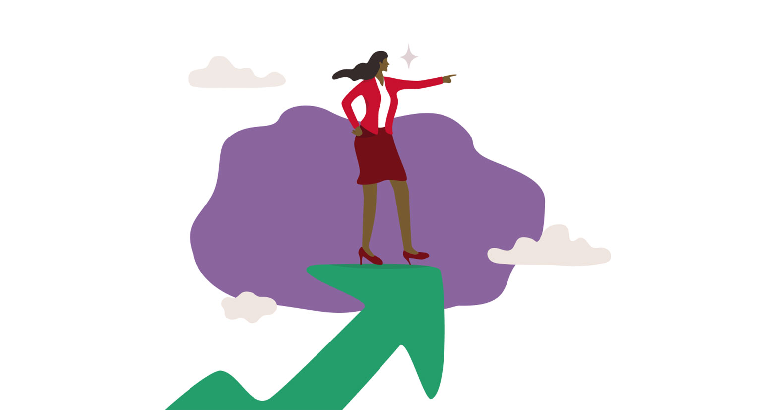 Mujer de pie sobre una ilustración de nube