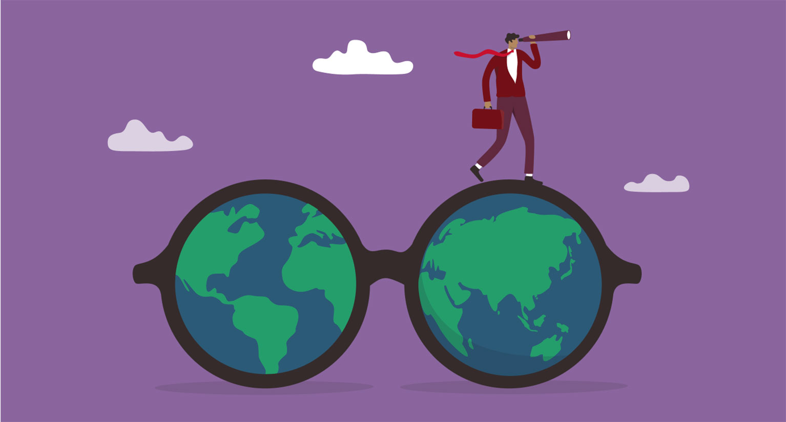 Hombre de pie sobre una ilustración de un par de gafas