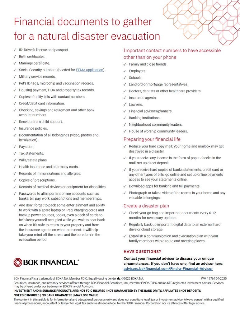 Opening page of PDF for financial documents to gather for a natural disaster evacuation.