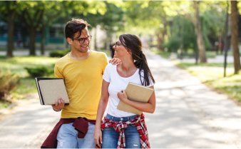 College students discussing checking accounts